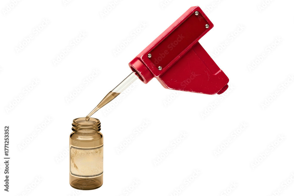 Fototapeta premium Red mechanical pipette dropping liquid into a small glass vial isolated on transparent background