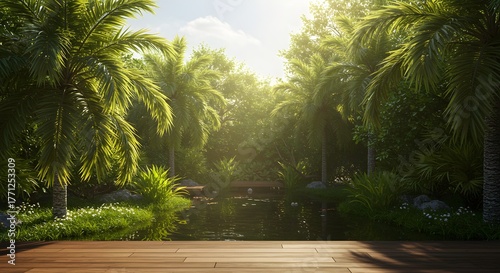 Lush tropical forest scene with palm trees and water in bright sunlight