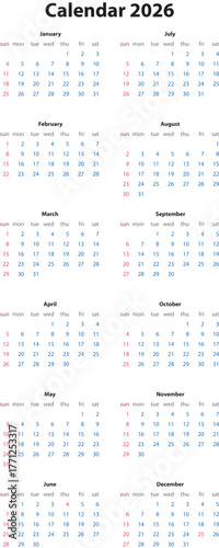 Calendar Year 2026 Showing All Twelve Months For Planning And Scheduling Activities Throughout The Year