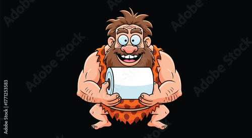 Caveman holding a roll of toilet paper, funny prehistoric man with a modern necessity