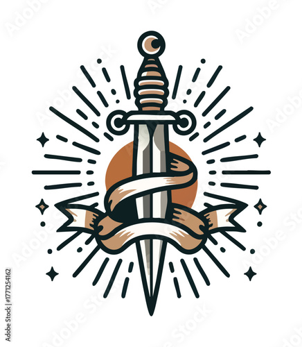 Vintage Sword with Flowing Ribbon and Radiant Sunburst