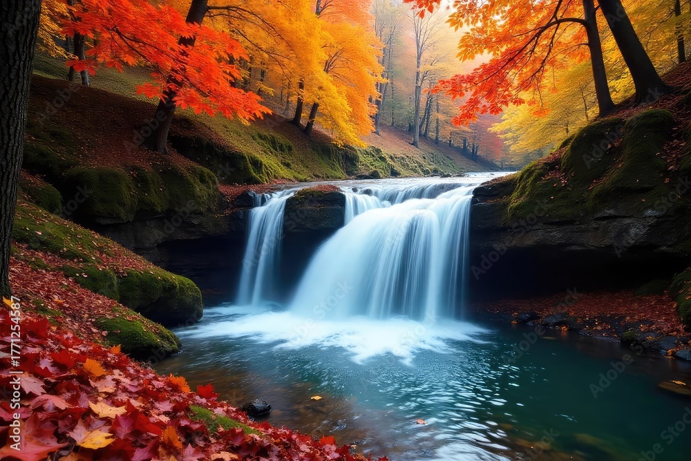 Fototapeta premium Autumnal waterfall cascading over vibrant, colorful leaves in a lush forest The golden, red, and orange foliage creates a breathtaking scene of natural beauty , forest, tranquility