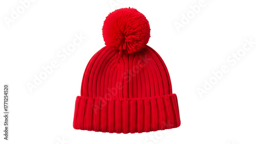 Bright red knitted winter hat featuring a fluffy pom pom on top, isolated on black