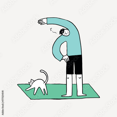 Men stretching on yoga mat doodle collage element vector