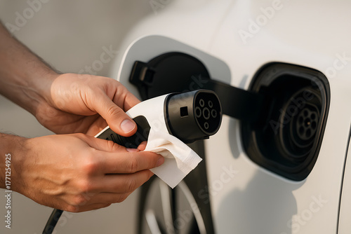 close up man holding power supply cable at electric vehicle charging station