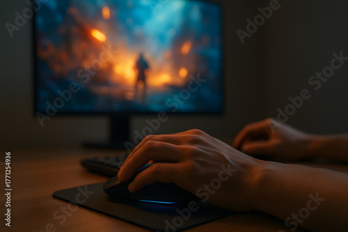 Close-up of hands typing on a glowing keyboard, a laptop in a brightly