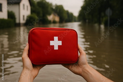 red first aid kit holding in hand for flooded