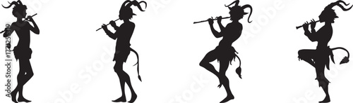 Silhouette of tribal musicians playing flute in different poses, artistic black vector illustration showing cultural dance, ancient folk art style design isolated on white background