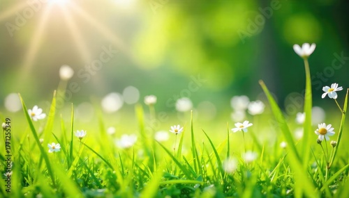 Gentle springtime breeze playfully ruffling vibrant green grass and wildflowers in a sun-drenched meadow, conveying freshness and renewal , light, field