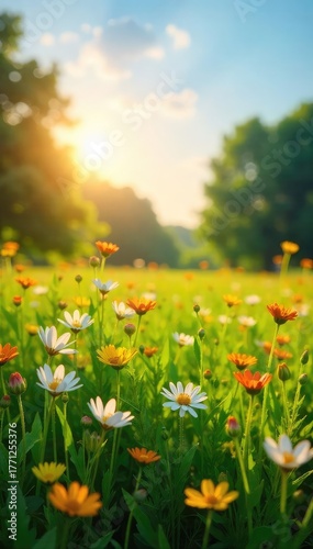 Golden hour sunlight bathes a lush green meadow, wildflowers blooming vibrantly under a clear summer sky Perfect for nature, summer, and idyllic themes , grass, plant