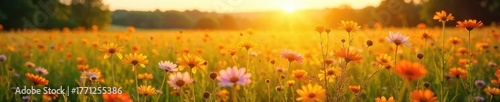 Golden hour sunlight bathes a vast, idyllic summer field of wildflowers, swaying gently in the breeze Perfect for idyllic summer, nature, and rural themes , horizon, vibrant, beauty