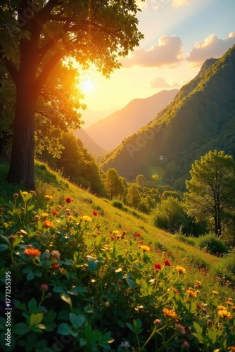 Golden hour sunlight bathes a vibrant landscape in warmth, illuminating lush greenery and casting long shadows Perfect for summer, travel, and nature themes , travel, serenity, field