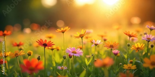 Golden hour sunlight bathes a vibrant summer field of wildflowers, swaying gently in a warm breeze The scene is peaceful and idyllic, perfect for a summer background image , pink, grass