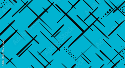 Abstract background with dynamic intersecting lines and dots on a bright cyan