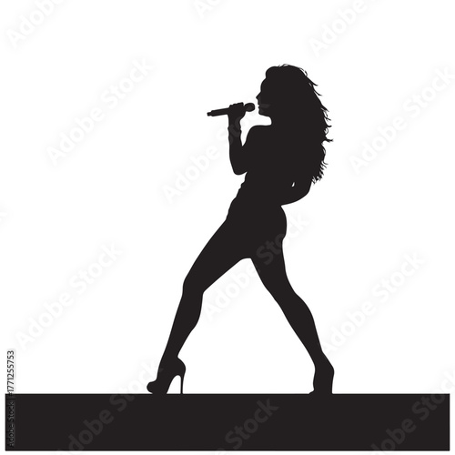black silhouette of a female singer holding a microphone vector for music concert posters.