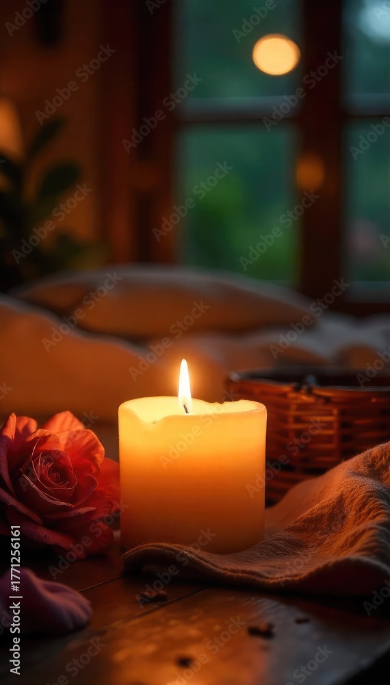 Fototapeta premium Soft, warm glow of candlelight illuminating a cozy scene, creating a romantic and peaceful ambiance Perfect for relaxation, spa treatments, or home decor themes , ambiance, atmosphere