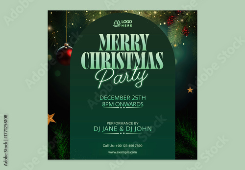 Merry Christmas Party, Editable Social Media Post Template with Festival Elements in Green Color.