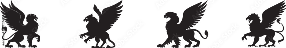 Obraz premium Silhouette of majestic griffins with wings spread, symbolizing strength, power, and fantasy mythology creatures, perfect for medieval art, fantasy design, tattoo, logo, and mythological illustration c