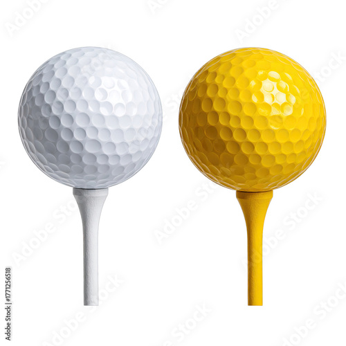 Golf balls white, yellow, on tees against black