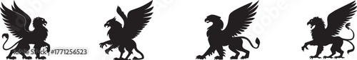 Silhouette of majestic griffins with wings spread, symbolizing strength, power, and fantasy mythology creatures, perfect for medieval art, fantasy design, tattoo, logo, and mythological illustration c