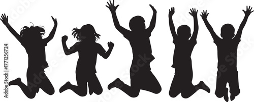 Children jumping silhouettes celebrating joy and freedom