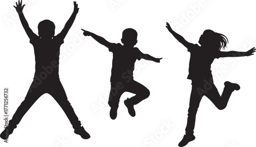 Children jumping silhouettes joyful childhood activity outdoor fun energetic kids