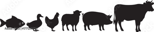 Farm animals and fish silhouettes lineup