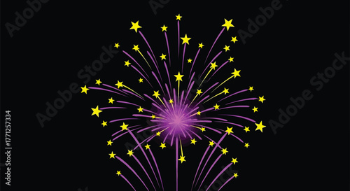 Purple and yellow starburst fireworks exploding on a