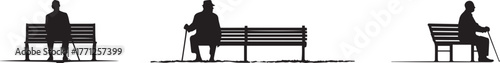 Silhouette of elderly men sitting on park benches at different angles, resting and relaxing outdoors in city park, symbolizing retirement, loneliness, waiting, and peaceful solitude