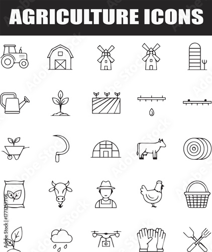 Agriculture and Organic Farming Line Icons – Minimalist Eco Food and Farm Equipment Vector Set.