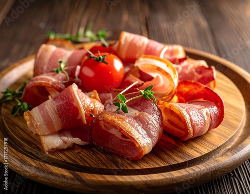 Sliced cured meats, arranged on a wooden serving board, garnished with tomato and herbs. Warm, appetizing lighting