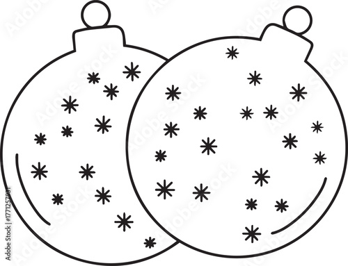 Outline of two Christmas bauble ornaments with star dots, black-and-white line art vector, simple round decorations for coloring pages, crafts, and holiday layouts.