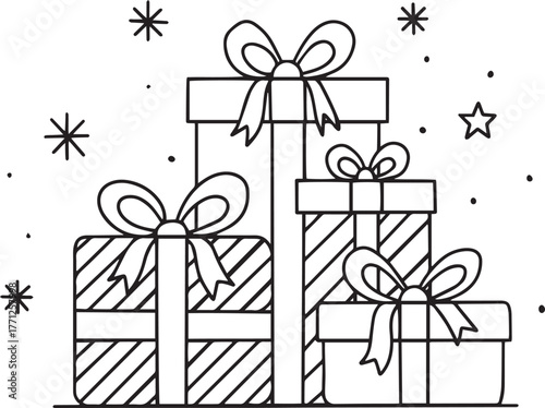 Black and white outline of gift boxes with bows, stars, and stripes, printable coloring page, simple line art vector isolated on white.