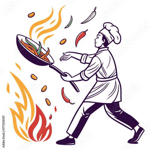 Chinese Chef Stir-Frying Vegetables in Flaming Wok Vector. Perfect for: Asian restaurant branding, cooking blog visuals, culinary school posters