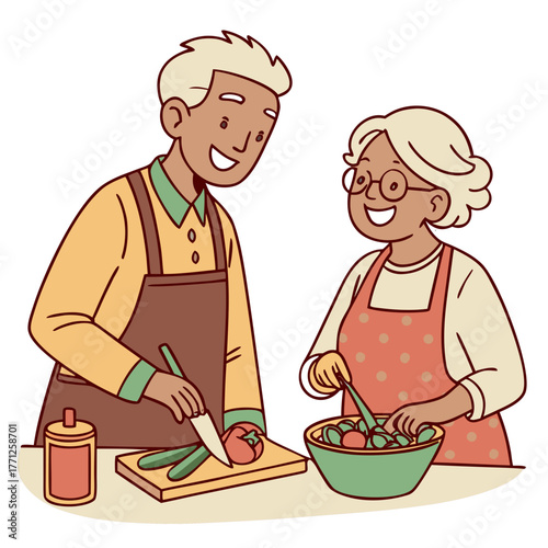 Elderly Couple Cooking Together in Warm Home Kitchen. Perfect for: family-oriented advertisements, healthy lifestyle articles, senior wellness campaigns, cooking class visuals