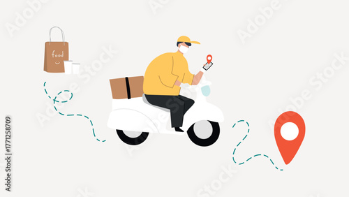 Food delivery man driving to destination illustration vector