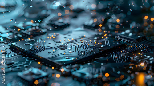 Abstract Futuristic Motherboard Design with Golden Particles and Blue Lighting