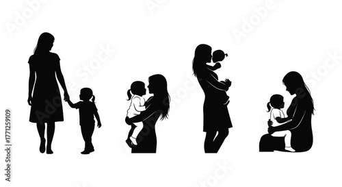 Silhouette of mothers with children representing generations and familial bonds