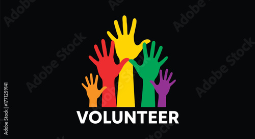 Colorful hands raised with the word volunteer on a