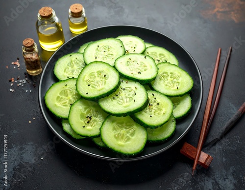 Sliced cucumbers with sesame seeds on a dark plate, oil, salt, and chopsticks are included in the view, set against a shadowy background