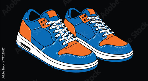 Pair of blue and orange sneakers with white laces on a