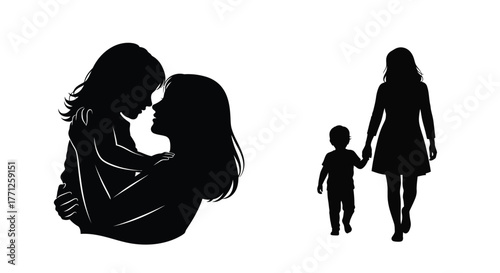 Silhouette of mother and children a family walking together in harmony
