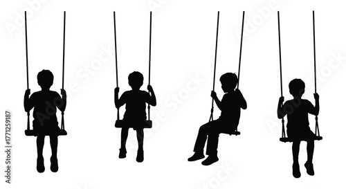 Four silhouetted children joyfully swinging on simple rope swings outdoors