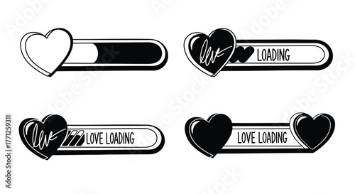 Black and white love loading progress bars with heart icons illustrated