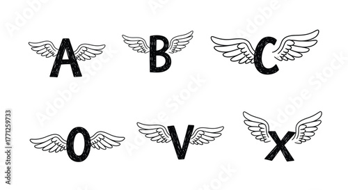 Letters with wings a b c o v and x in black and white