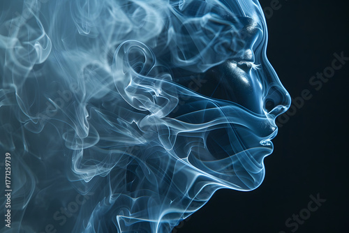 Ethereal Female Profile Composed of Flowing Blue Smoke on Dark Backdrop