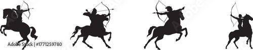 Silhouette of ancient warriors on horseback shooting arrows with bows, symbolizing battle, courage, archery skills, medieval combat, history, nomadic culture, and traditional horse archery art