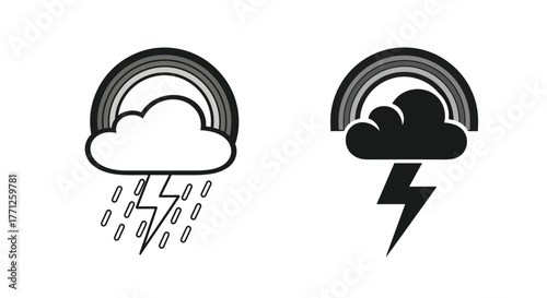 Simple weather icons depicting rain and thunderstorm conditions in black and white