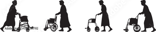Silhouette of elderly women walking with mobility walkers on white background, representing aging, rehabilitation, healthcare, independence, senior lifestyle, and elderly support concept