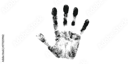 Detailed black handprint with unique fingerprint details on a white canvas isolated on white background